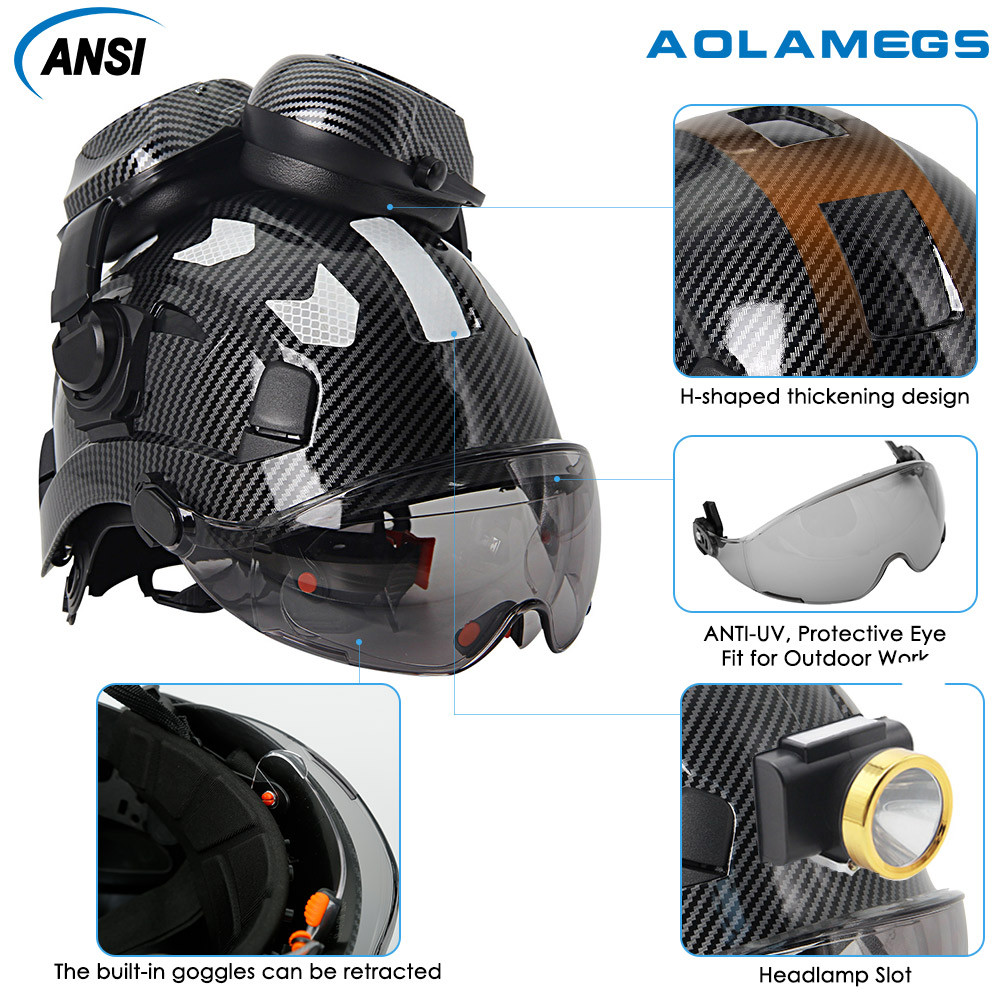 AOLAMEGS แว่นตาคู่คาร์บอนไฟเบอร์ความปลอดภัยหมวกคาร์บอนไฟเบอร์ปิดหูสติกเกอร์สะท้อนแสง CE ANSI