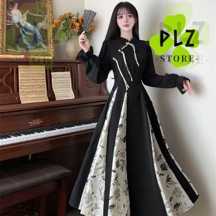 กี่เพ้า สไตล์ผู้หญิงสุภาพสตรีวินเทจฤดูใบไม้ร่วงฤดูหนาวแขนยาวหลวมดอกไม้พิมพ์จีบ แมกซี่ ยาวแกว่งพรรคชุด