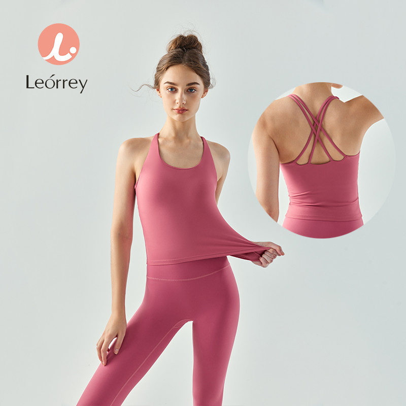 Leorrey-เสื้อกล้ามโยคะยาวพร้อมแผ่นอกแขนกุดฟิตเนส U คอแน่น