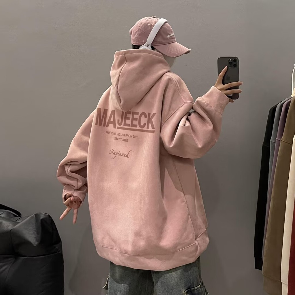 เสื้อกันหนาวมีฮู้ดหนังนิ่มสีชมพูผู้ชายฤดูใบไม้ผลิฤดูใบไม้ร่วงสตรีทสวมเสื้อแจ็คเก็ตลําลองขนาดบวก