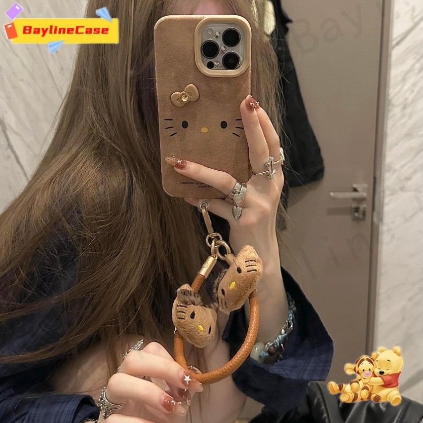 Ins 3Dโบว์หนังแกะนุ่มเคสโทรศัพท์+เชือกน่ารักHello KittyสําหรับiPhone 16 15 14 13 12 11 Pro Max X Xr Xs Max 8 7 Plus SE2020 คลุมทั้งหมดกันกระแทกป้องกันกรณี