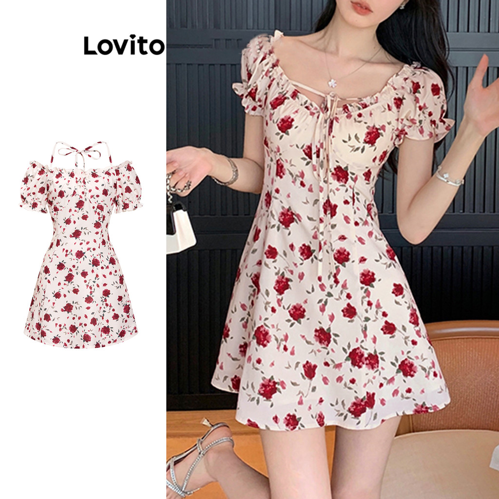 Lovito ชุดเดรสตัดผักกาดหอมลายดอกไม้ ลายเดซี่แบบสบาย ๆ ด้านหน้าสำหรับผู้หญิง L105MD311