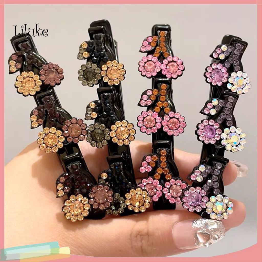 LK Easy ทรงผมคลิปประกาย Rhinestone กิ๊บติดผมชุด Cherry Butterfllies Clover Decor สองชั้น Bangs Hairp