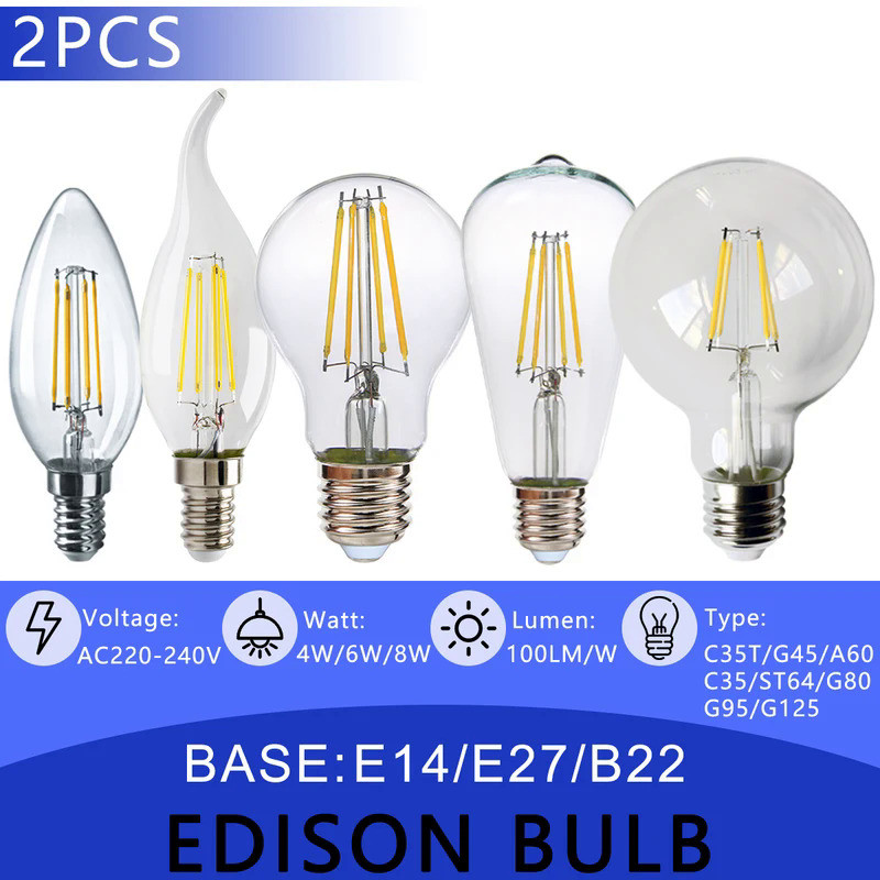 220V Retro Led Light Bulb C37 A60 St64 G125 Edison Filament Bulb 8W E27 B22 E14 Vintage Warm Glass L