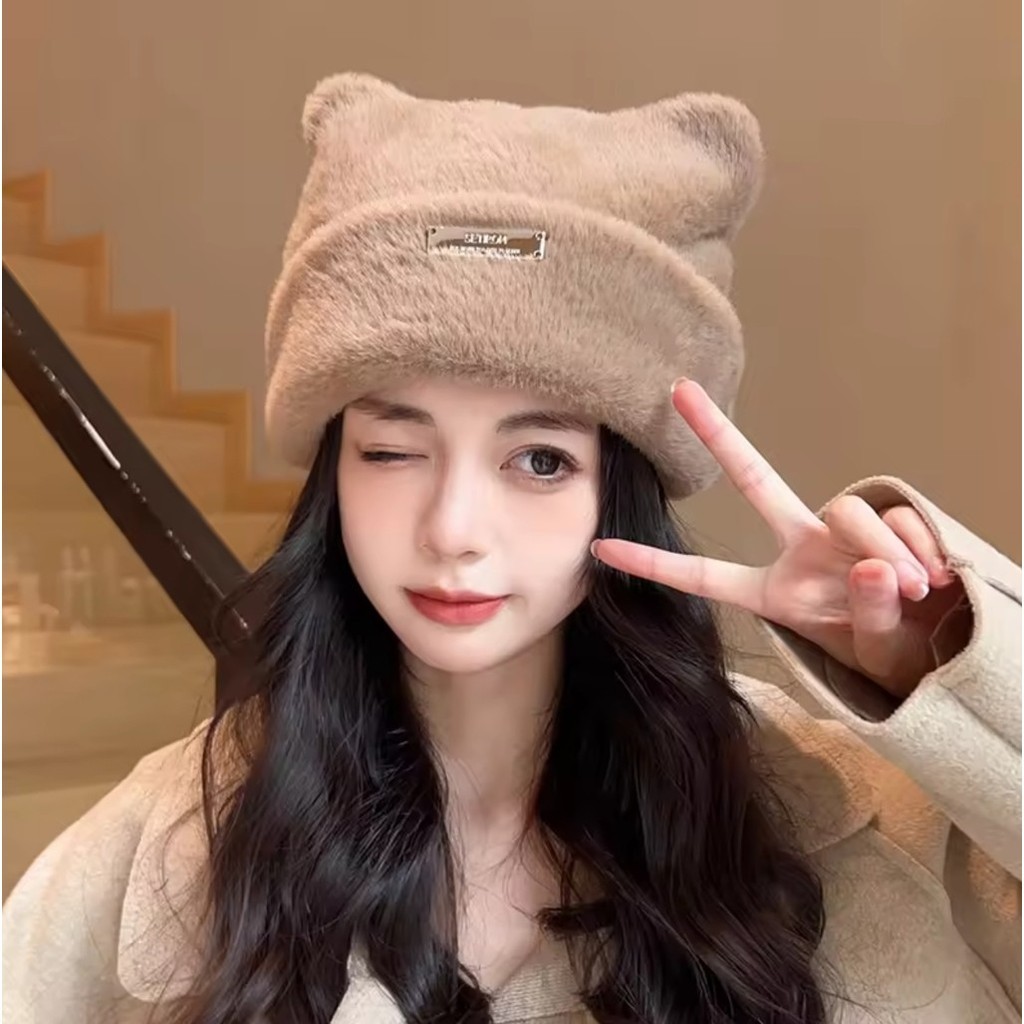 หมวกกันหนาว แฟชั่นสไตส์เกาหลี แต่งหูแมว [รหัสD136][สินค้าพร้อมส่งจากไทย]