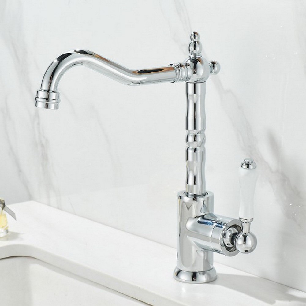 Chrome Deck Mount ห้องน้ําห้องครัวก๊อกน้ําทองเหลืองเซรามิค 360 หมุนอ่างล้างหน้าอ่างล้างจานผสมก๊อกร้อนและเย็นผสม mnf727
