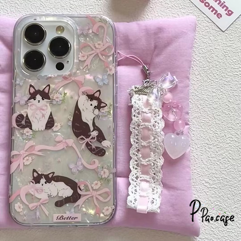 โบว์หวานลูกแมวน่ารักเข้ากันได้ เคสไอโฟน 11 16 13 15 12 14 Pro Max XR 16 8 7 Plus X XS Max SE สร้อยข้อมือ TPU อ่อนเคส