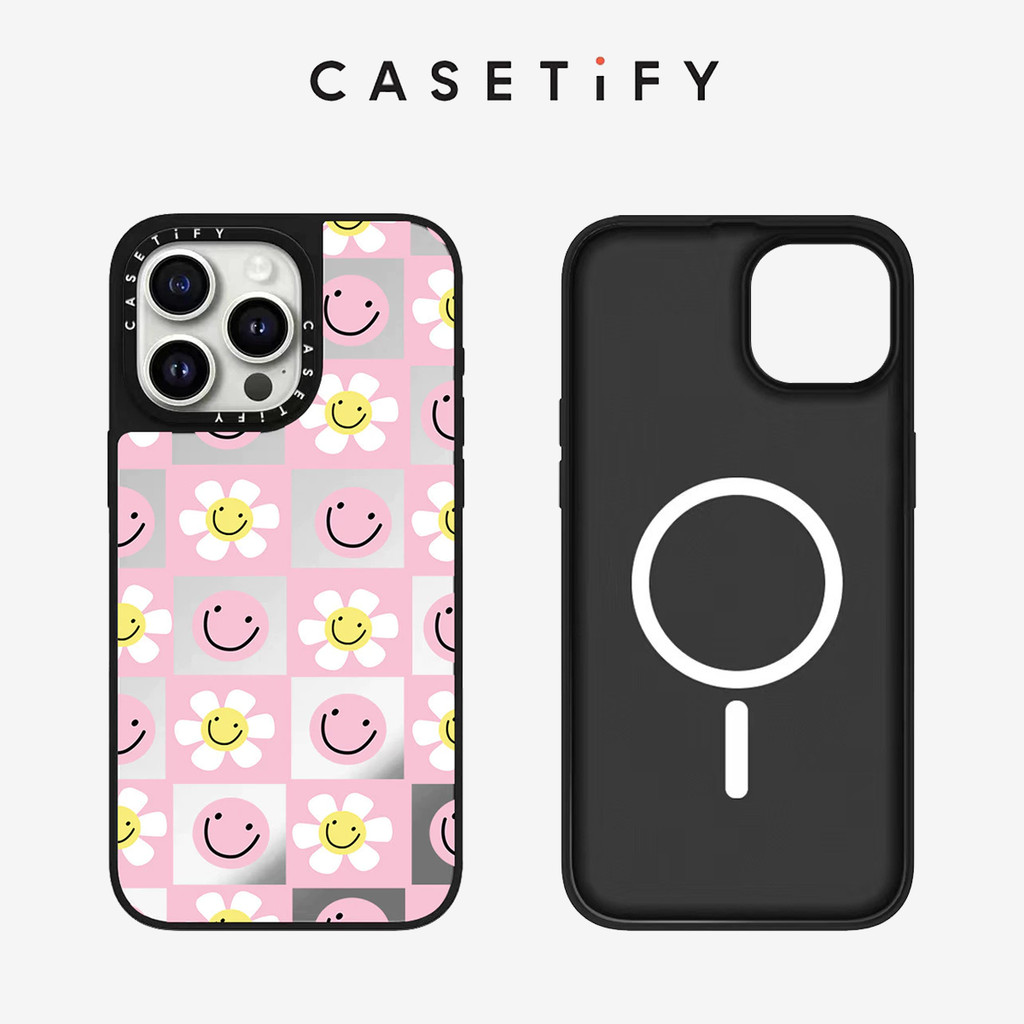 กระจกแม่เหล็ก INS สีชมพูยิ้ม Daisy hard เคสโทรศัพท์สําหรับ IPhone 16 ProMax 16Pro 15ProMax 15 16 14 13 12 11 Pro Max กรณีห่อปลอกกันกระแทกฝาหลัง