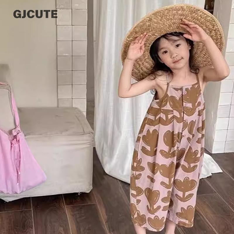 Gjcute ฤดูร้อนสาว Jumpsuit เสื้อผ้าเด็กสาว Camisole Jumpsuit กางเกงขากว้าง Cropped กางเกงแฟชั่น Love Rompers WTD
