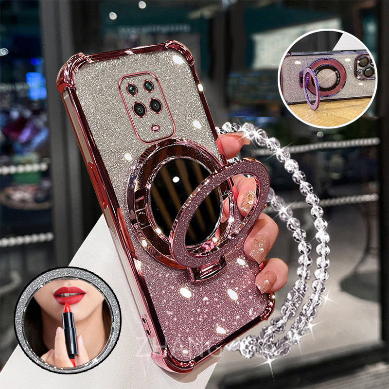 เคสสําหรับ Redmi Note 9 PRO Note 9S เคสโทรศัพท์กันกระแทก 3D ที่วางกระจกแต่งหน้าสร้อยข้อมือใหม่เคสนิ่ม