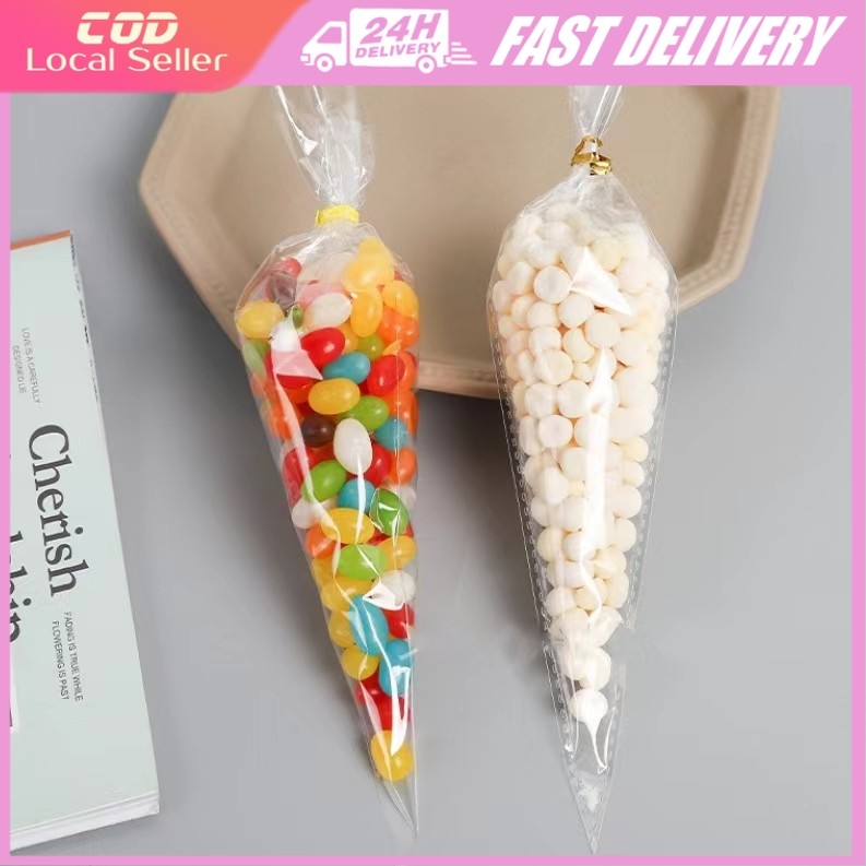 100 ชิ้นถุงกรวยถุงสารพัดพลาสติก Candy popcorn ดอกไม้แครอทบรรจุถุงงานแต่งงาน tiga Segi Berkawat บรรจุภัณฑ์น้ําตาล