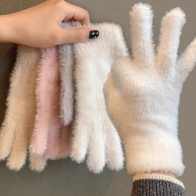แฟชั่นฤดูหนาว Mink กํามะหยี่ห้านิ้วถุงมือ Plush Warm Cold-proof ผู้หญิงกลางแจ้งขี่จักรยานสีทึบ Mittens