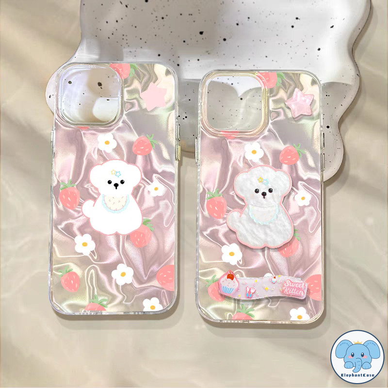 ลูกสุนัขการ์ตูนเข้ากันได้เคสไอโฟน 16 11 15 13 12 14 Pro Max XR 16 8 7 Plus X XS Max SE ดอกไม้สตรอเบอร์รี่เงาลูกฟูกเคส