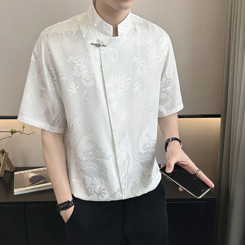 ใหม่สไตล์จีนลายมังกร jacquard เสื้อเชิ้ตแขนสั้นสําหรับผู้ชายฤดูร้อน 2024 ใหม่ casu新中式龙纹提短袖衬衫男夏季2024新款休闲衬衣潮牌男装潮10.19