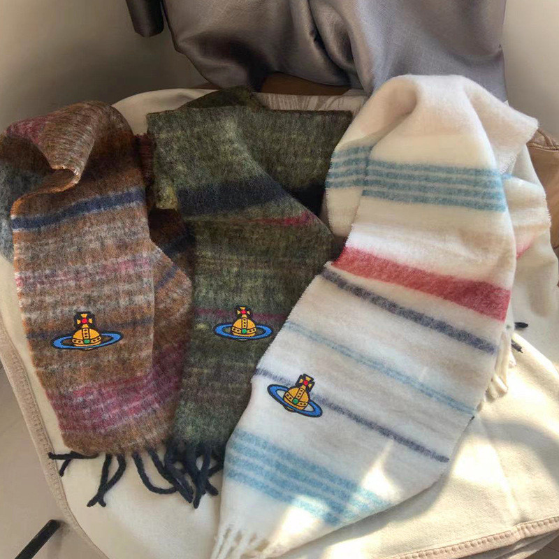 Vivienne Westwood ลาย Retro Mohair ผ้าพันคอปักฤดูหนาวหนาผ้าคลุมไหล่คออบอุ่น