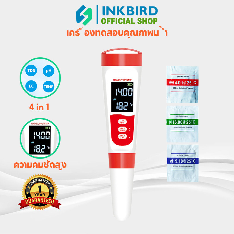 Inkbird 4IN1 เครื่องทดสอบคุณภาพน้ําดื่มแบบดิจิตอล PH/EC/TDS เครื่องวัดอุณหภูมิ