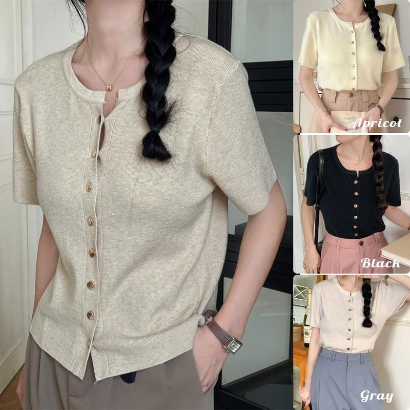 Chili Kokoเสื้อคาร์ดิแกนถัก แขนสั้น สีพื้น สีพื้น นุ่ม กระดุมทอง เหมาะกับฤดูร้อน Womenเสื้อยืด 88008