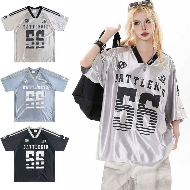 เสื้อยืดผู้ชายแขนสั้นอเมริกันย้อนยุคหลวมสบายๆกีฬาสไตล์สีคมชัดแขนสั้นเสื้อย์