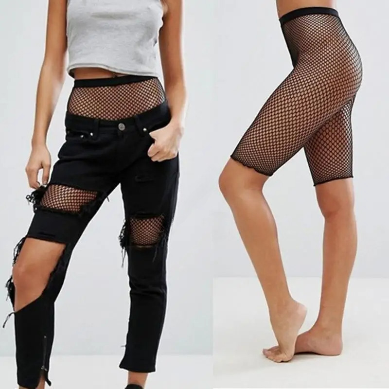 กางเกงขาสั้นตาข่าย Fishnet ยืดหยุ่น เอวสูง สำหรับผู้หญิง