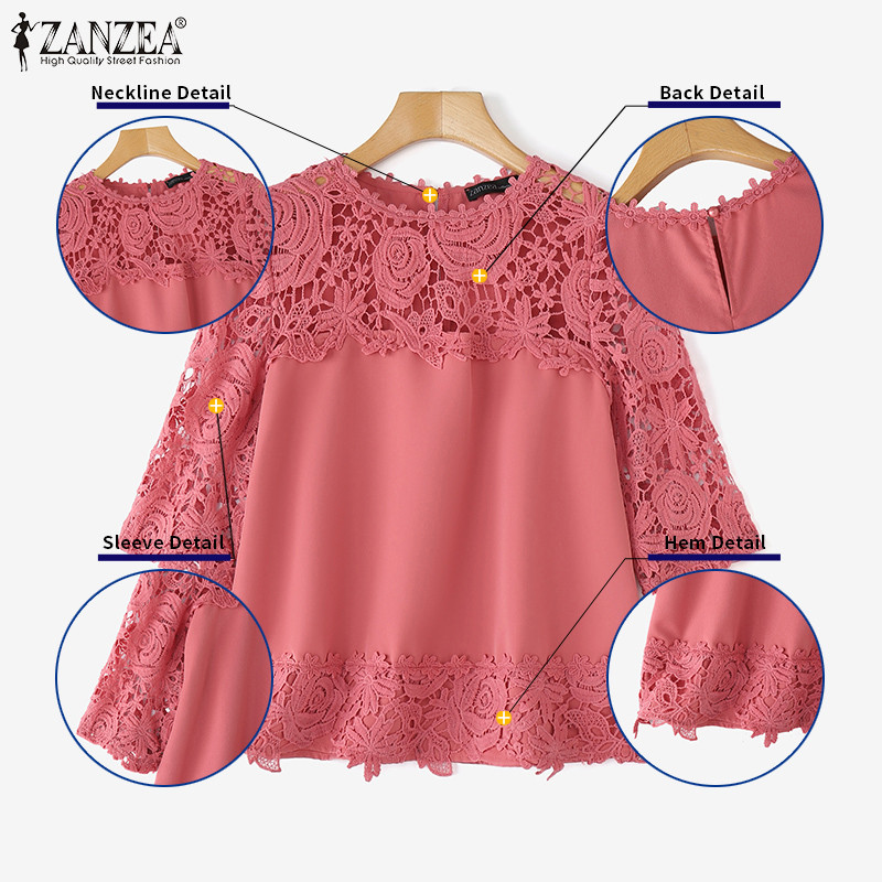 ZANZEA ซานเซีย เสื้อลูกไม้โครเชต์สำหรับผู้หญิง สไตล์เกาหลี แสงหรูหรา มีรอบคอยาวถึง 3/4 และแขนกลวง — صورة 7