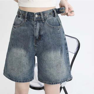 JH SHOP กางเกงยีนส์ กางเกงสามส่วน แนวสตรีท เอวสม็อคหลัง สไตล…