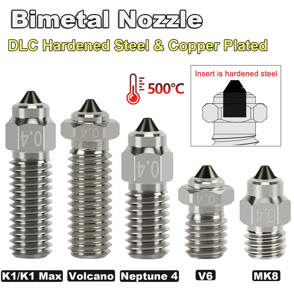 Bimetal Nozzle DLC Hardened Steel Copper Plated Wear Resistant For V6 Volcano MK8 Neptune 4 K1 Ender