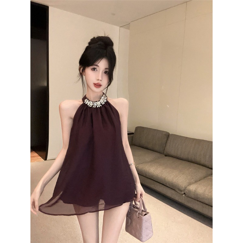 Classy กระโปรงเชิ้ตแขนกุดชีฟองสำหรับผู้หญิง ฤดูร้อน มีคริสตัลประดับ Halterneck - รูปที่ 6