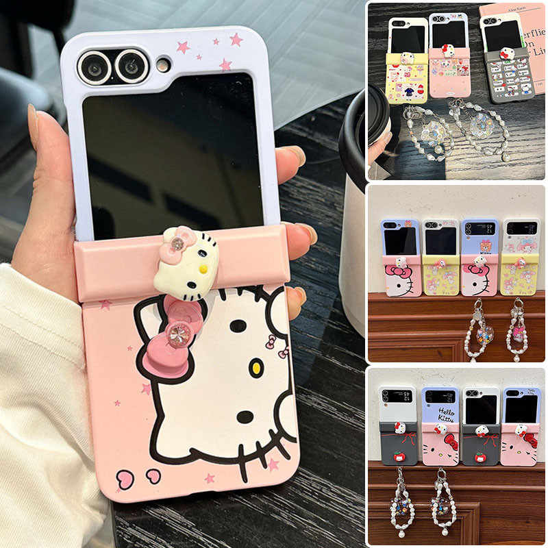 น่ารักการ์ตูน KT Contrast สี Matte เคสโทรศัพท์สําหรับ Samsung Galaxy Z Flip 7 Z Flip 6 Z Flip 5 Z Flip 4 Z Flip 3 พร้อมบานพับหมุนอุปกรณ์เสริมการ์ตูนสร้อยข้อมือปกหลัง