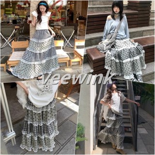 Veewink พร้อมส่งจากกทม กระโปรงยาวสตรี ลายตาราง ชั้นจีบซ้อน ส…
