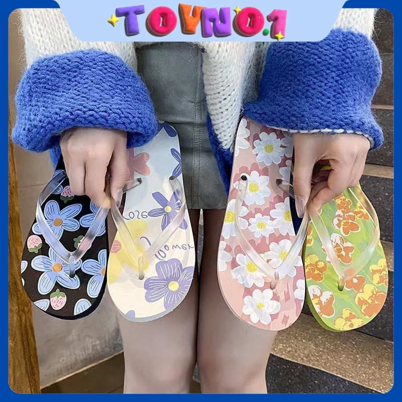 ToyNo.1🧸 พร้อมส่ง🧸 "LT-FWR" รองเท้าแตะหูคีบ  ดีเทลลายดอกไม้ เดินชายหาดใส่สบาย สินค้า