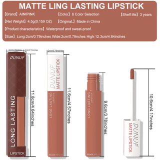 DUNUF 8 สีใช้งานง่าย Velvet Matte Lip Glaze กันน้ํา Lasting Liquid ลิปสติกสีแดงสีน้ําตาล Non Stick Cup Matte Lip Gloss เครื่องสําอาง