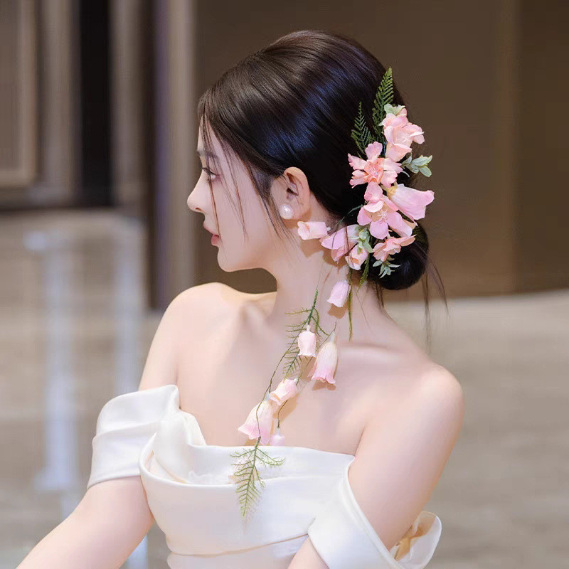 เครื่องประดับผมสไตล์ฟอร์เรสต์ สำหรับเจ้าสาว พร้อมดอกไม้สีชมพู สวมใส่ได้กับชุดแต่งงานโรแมนติก