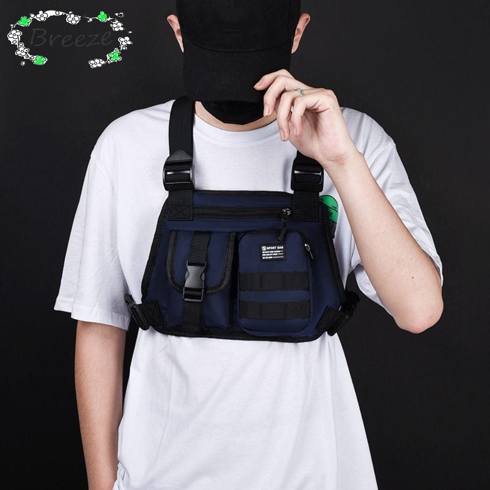 BREEZE Men Vest Bag, กระเป๋าคาดหน้าอกแฟชั่นกันน้ําความจุใหญ่, กระเป๋าปีนเขาผ้าหลายกระเป๋าสําหรับกีฬากลางแจ้ง