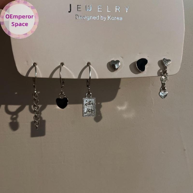 OEmperor 6 ชิ้น Y2K สีดําหัวใจต่างหูชุดสําหรับหญิงสาว Vintage Aesthetic Studs อินเทรนด์เครื่องประดับ