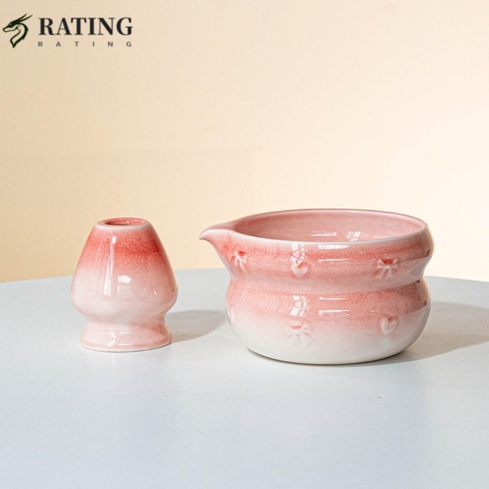 RATIN ชามชาแมตชะเซรามิก - พร้อมที่วางไม้ตีแบบโบว์และพวยเทไล่ระดับสี ชุดอุปกรณ์ชงชาสำหรับคนรักชา (ใช้ซ้ำได้)