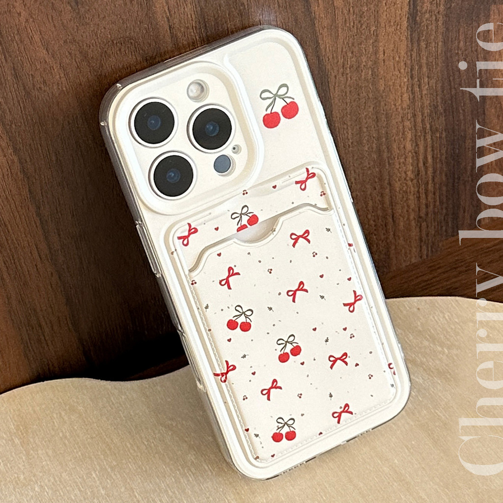 สีเหลืองนมพร้อมผู้ถือบัตรเคสโทรศัพท์ Cherry Bow เคสป้องกันเหมาะสําหรับ iPhone 11, 15, 12, 13, 16, 14 Pro Max, 8 Plus, 7 Plus, X, XR, XS, Max 7, 8 Plus, SE เคสป้องกัน, ป้องกันรอยขีดข่วน, กันกระแทก, เคสป้องกันน้ําหนักเบา
