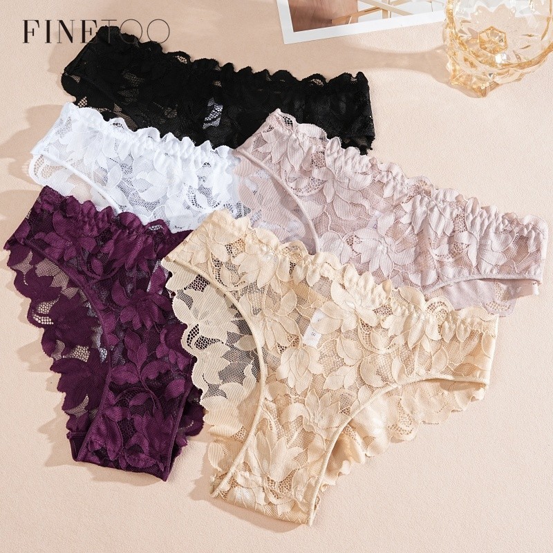 FINETOO กางเกงชั้นในลูกไม้สำหรับผู้หญิง ลายดอกไม้ ไร้รอยต่อ เอวสูง สวมใส่สบายและเซ็กซี่