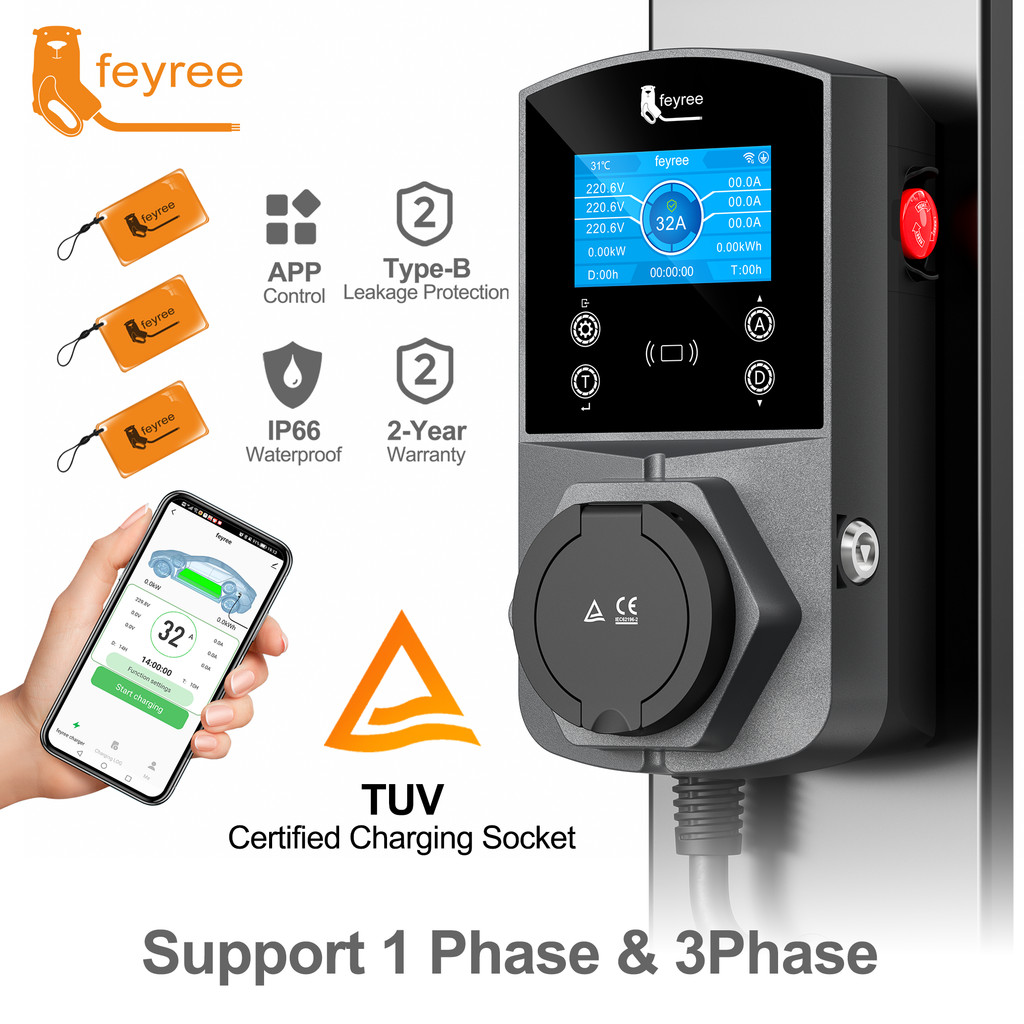 Feyree 22KW Type2 EV ซ็อกเก็ตเครื่องชาร์จรุ่นสมาร์ทไฟฟ้า Car Charger สําหรับ TS-NACS Type1 GB/T ปลั๊ก EVSE Wallbox WIFI APP ควบคุม