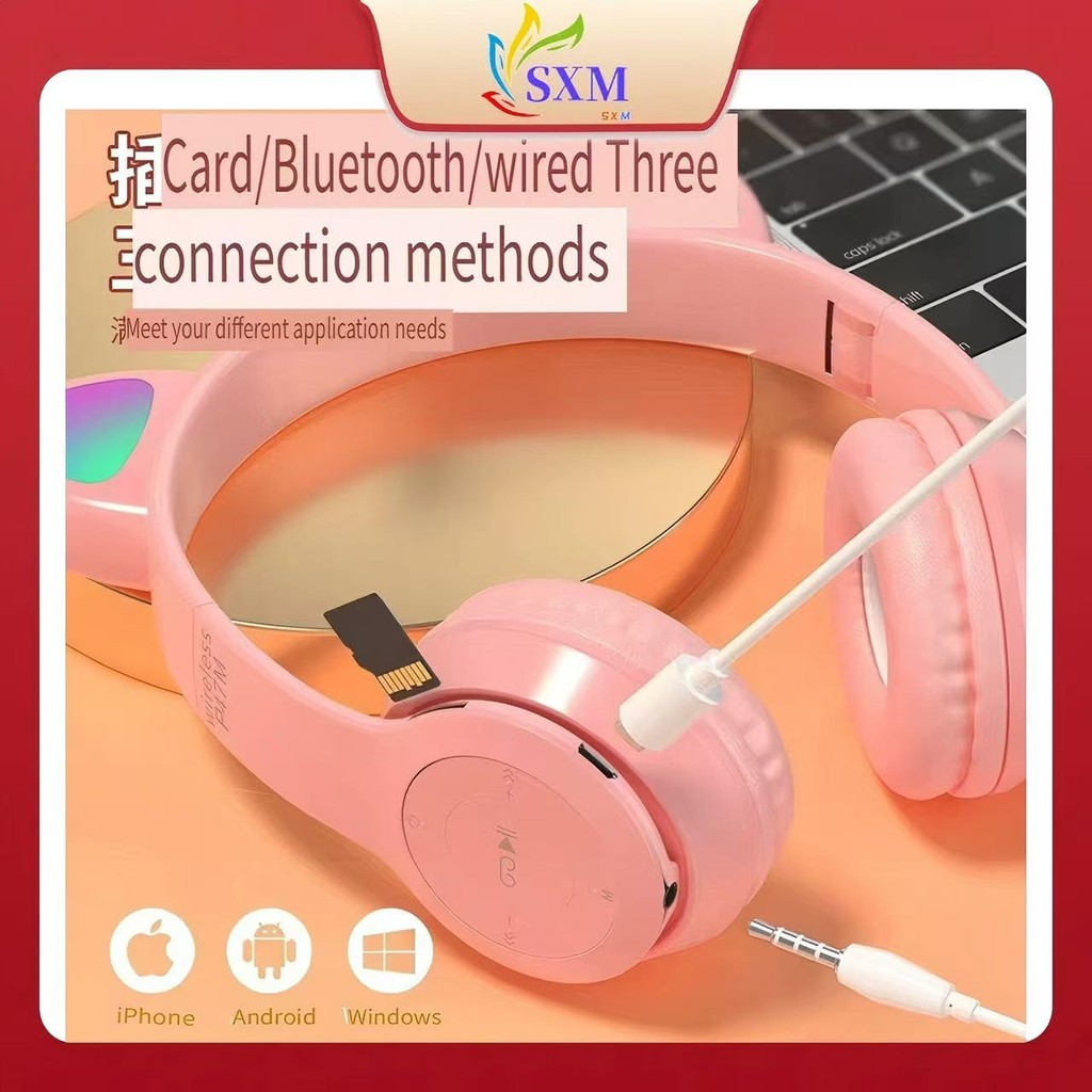 ชุดหูฟังบลูทูธเรืองแสงหูแมว P47M ชุดหูฟังสําหรับเล่นเกมไร้สายนักเรียนการ์ตูน P47M