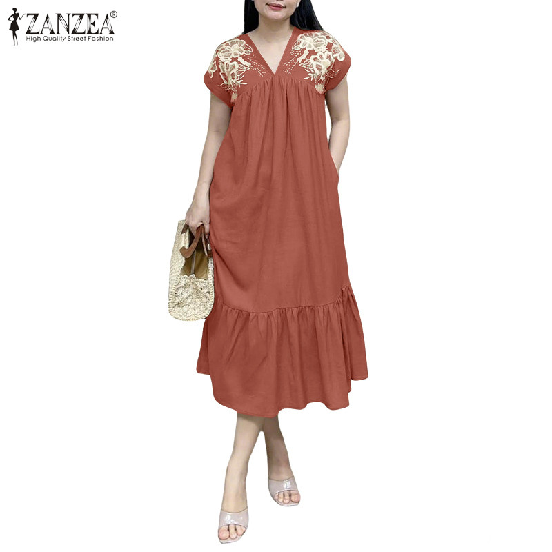 ZANZEA ชุดลำลองสำหรับผู้หญิง ลายพิมพ์ดอกไม้ แขนสั้น มีริบบิ้นที่ขอบกระโปรง สไตล์เกาหลี