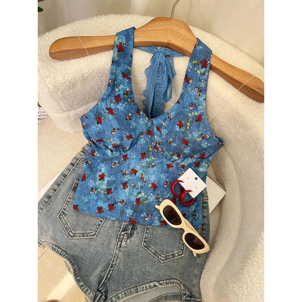 Hong Kong Retro Design Floral Laced-Up Vest Women Slim Halterneck Top