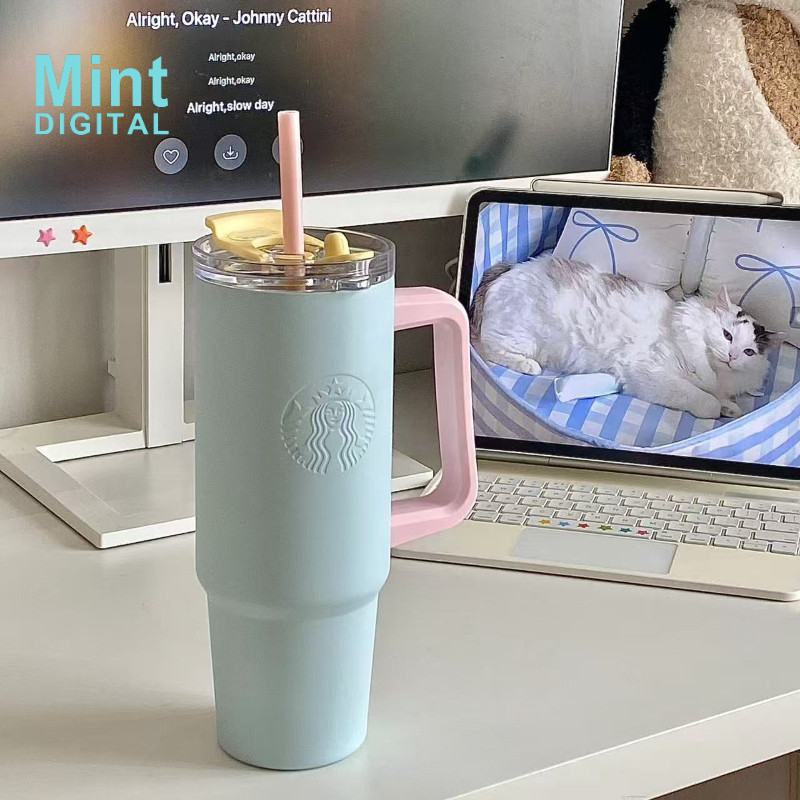 สตาร์บัคส์ถ้วย900มิลลิลิตรสดอินสไตล์สแตนเลสพาสเทลสีฟ้าที่มีเหล็กสีชมพูฉนวนแก้วน้ําจับความจุขนาดใหญ่เครื่องดื่มคู่บิ๊กแม็คฟางถ้วย