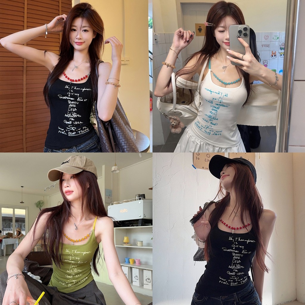 🥭Evelyn🥭เสื้อสายเดี่ยว มีฟองน้ำ เข้ารูป ดีเทลแต่งลูกปัดเก๋ๆ เสื้อแขนกุด ยืดใส่สบาย เกาหลี ส่งไวจากไทย