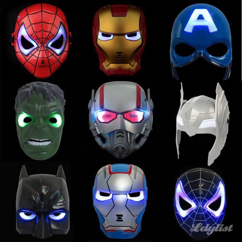 หน้ากากฮาโลวีน หน้ากากซูเปอร์ฮีโร่ หน้ากากเรืองแสง LED ไอรอนแมน สไปเดอร์แมน ฮัลค์ อุปกรณ์ประกอบฉากคอสเพลย์สำหรับเด็กผู้ชาย ของขวัญของเล่น