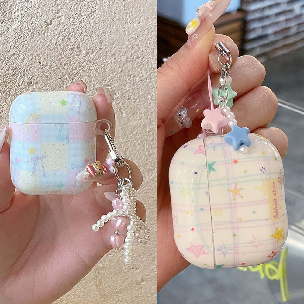 Aesthetic Star Grid ลายสก๊อตสําหรับ AirPods3 AirPods4 สําหรับ Apple AirPods Pro 1 2 Pro2 หูฟังไร้สายพร้อมพวงกุญแจ – โปรปัง