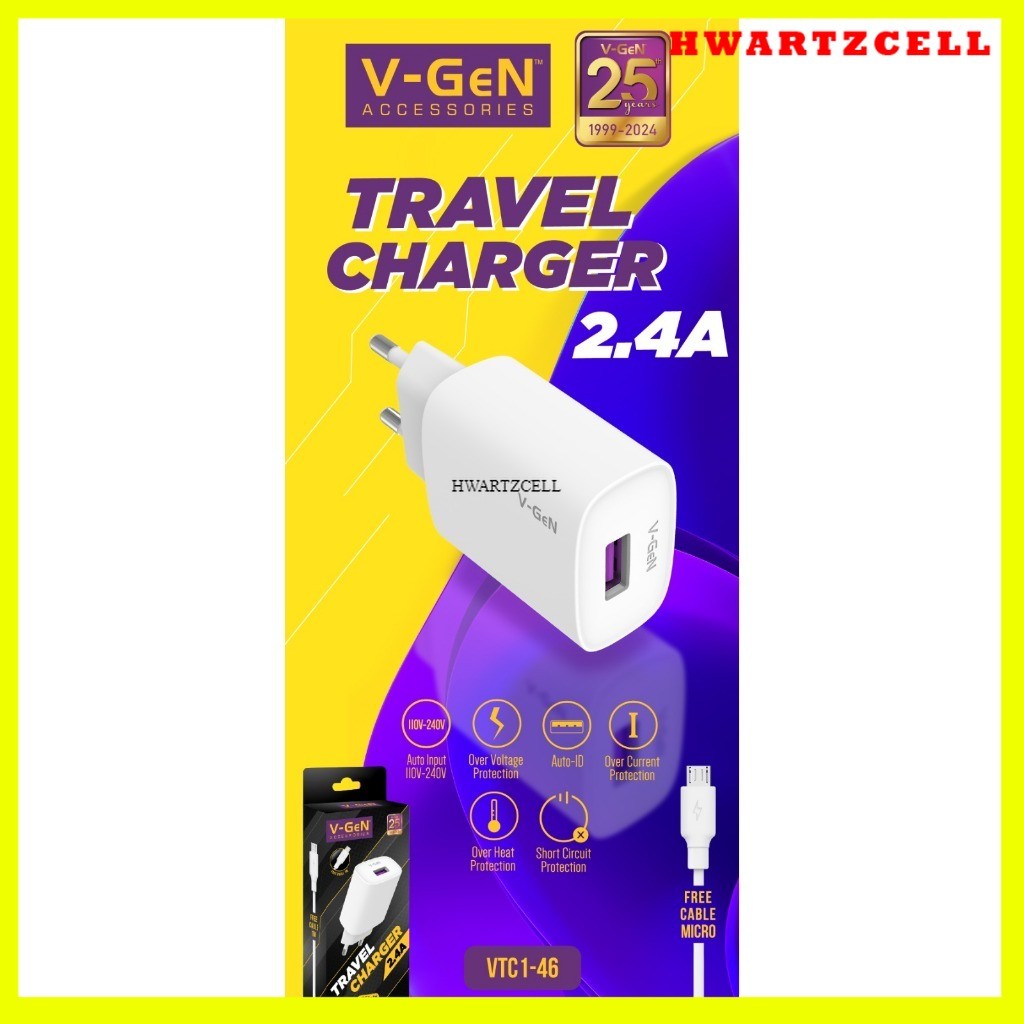 [HWARTZ] V-GEN VTC1-46 TRAVEL CHARGER 2.4A ฟรีสาย MICRO 1M
