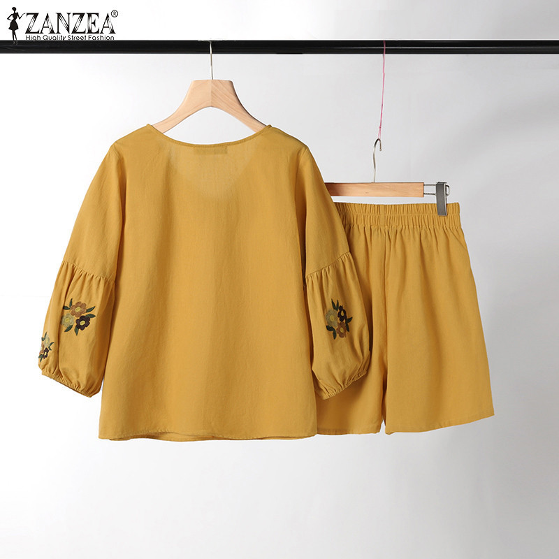 ZANZEA ซานเซีย ผู้หญิงเกาหลีแขนสามในสี่ดอกไม้คอวีเอวยางยืดท็อปส์กางเกงขาสั้น — صورة 8