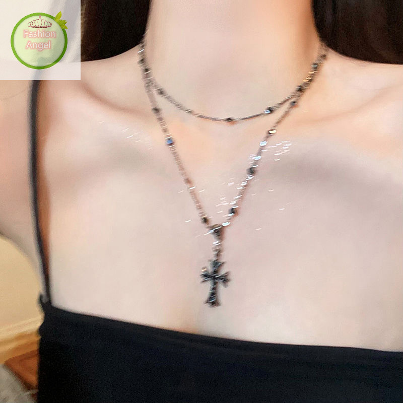 Fashionangel หวาน Cool ผู้หญิง Cross สร้อยคอ Hot Punk สีดํา Zircon ลูกปัดยาว Layered จี้สร้อยคอผู้หญิง Goth เครื่องประดับครบรอบของขวัญ VN