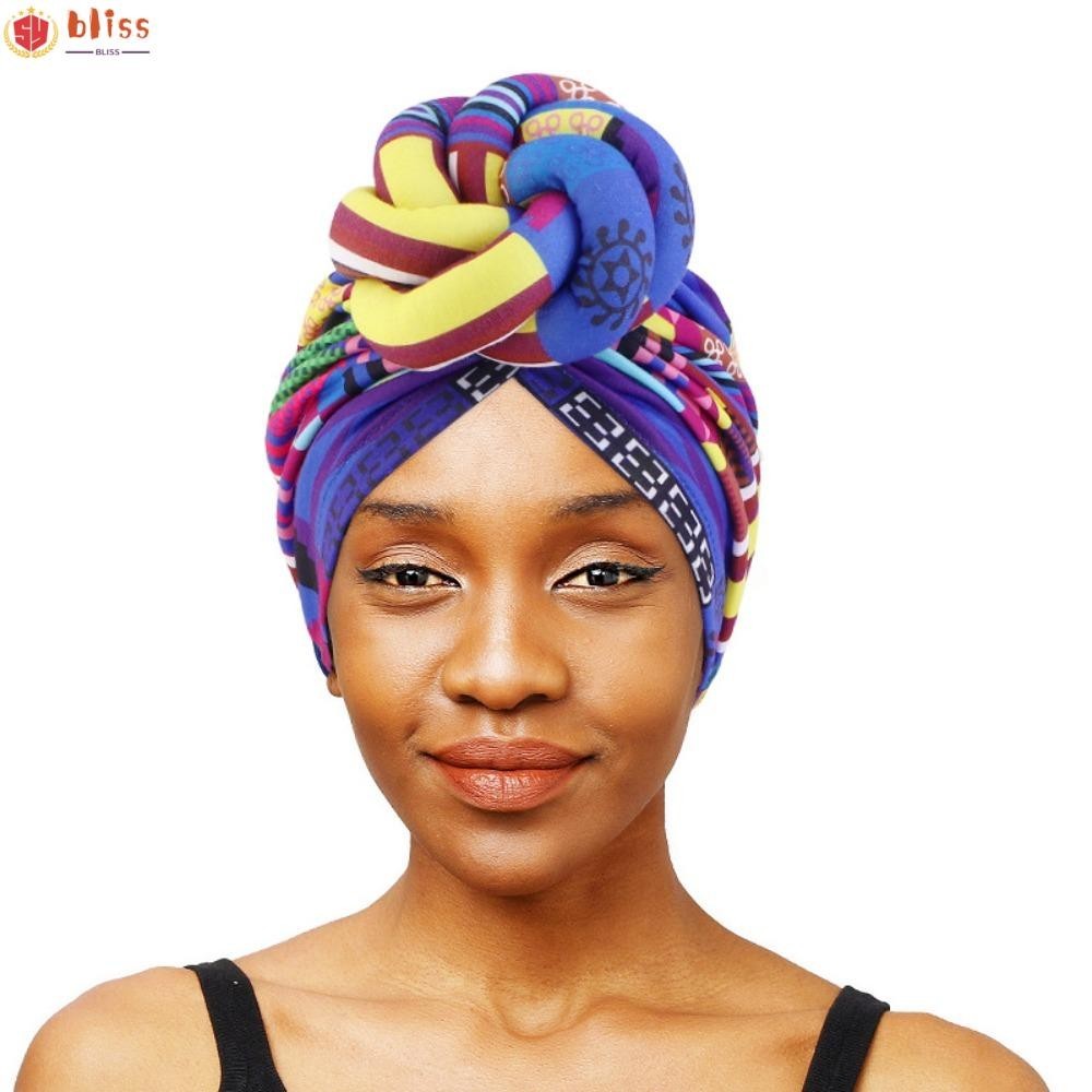 Blliss Stretch Bun Hat, ระบายอากาศแอฟริกันพิมพ์สามมิติ Twist ผ้าพันคอหมวก, Turban โพลีเอสเตอร์ Headscarf หมวกผู้หญิง