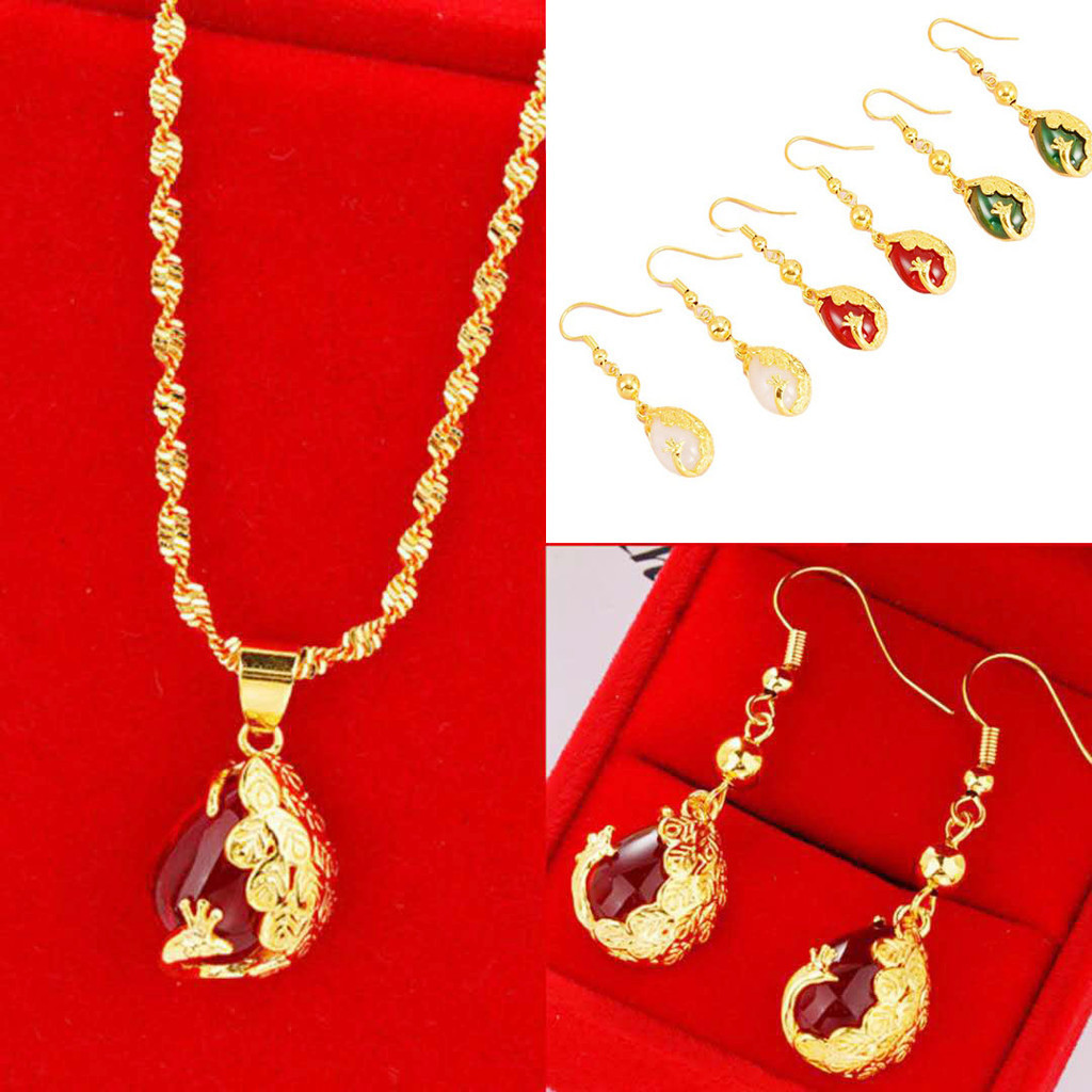 Elegant Gold Plated Dangling Tassels ต่างหูผู้หญิง Phoenix จี้สร้อยคอต่างหูชุดเครื่องประดับ ต่างหูเซต